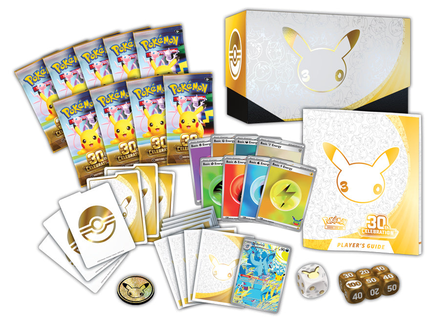Contents of the 30th Celebration Elite Trainer Box: 9 booster packs, Nidorina promo, sleeves, dice and energy