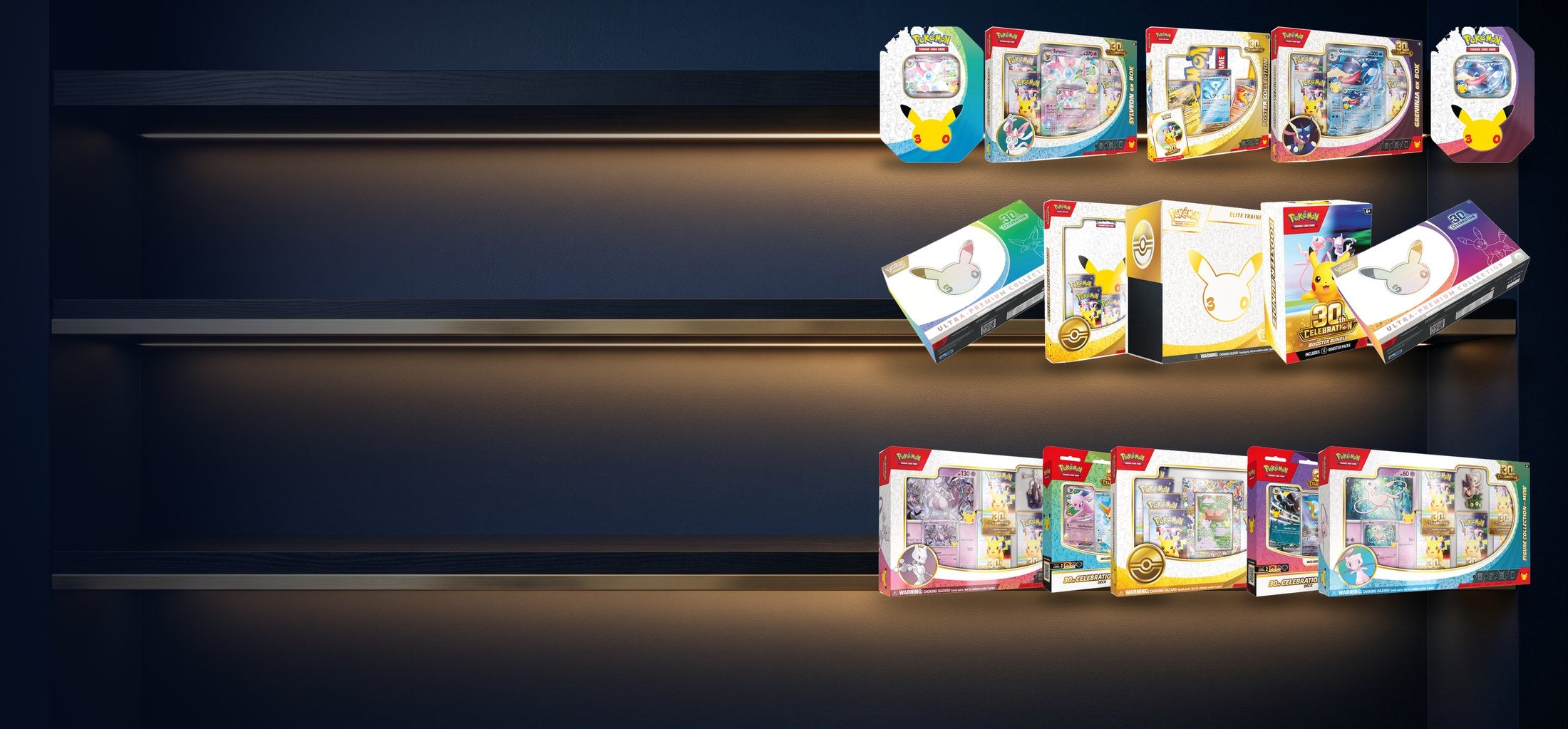 Pokémon TCG: 30th Celebration Elite Trainer Box, Ultra-Premium Collections, ex boxes, tins and figure collections on a shelf